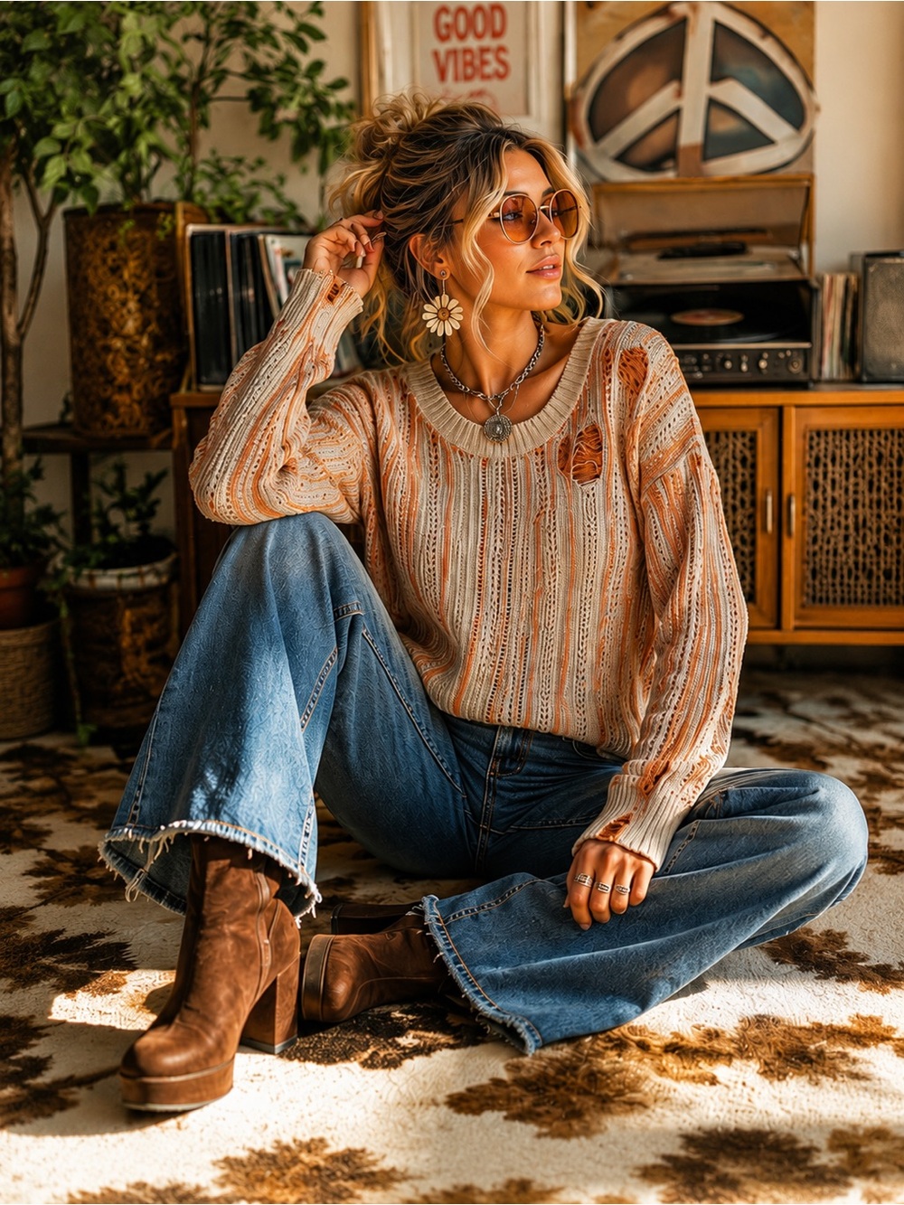 Joelle Distressed Knit Sweater – Size Medium – Boho Chic